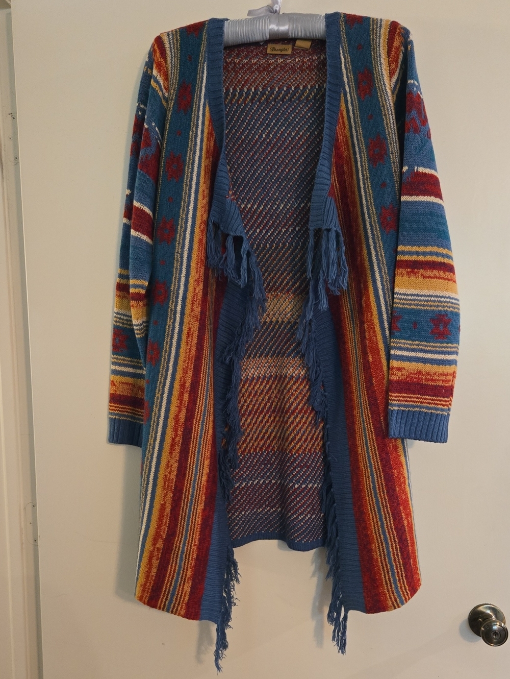 Wrangler Boho Western Stripe Open-Front Cardigan Sweater in Blue and Red